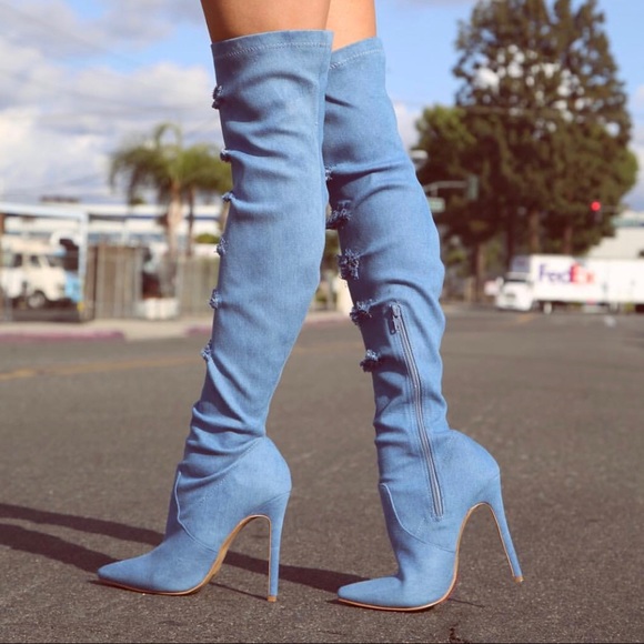 Shoes - Distressed Denim OTK Stiletto Heel Boots 💙